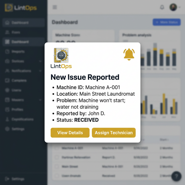 LintOps dashboard showing new issue notification with machine details